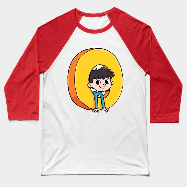 boy peeks out from the capital letter O Baseball T-Shirt by duxpavlic